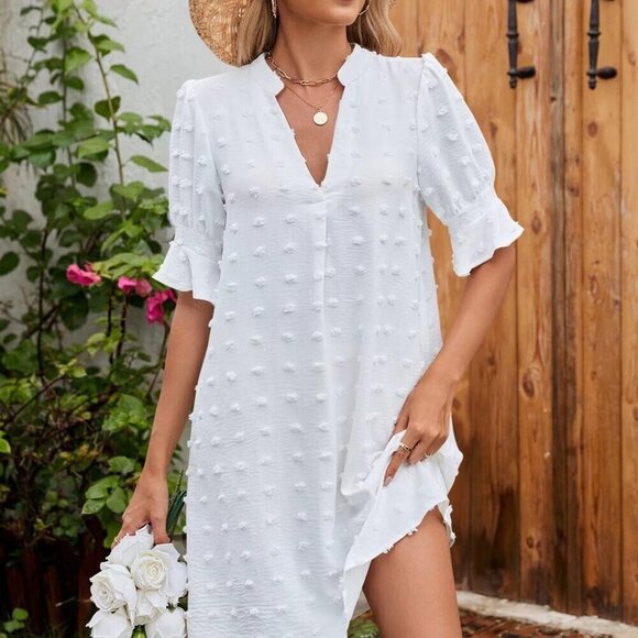 Summer Dresses for Women V Neck Ruffle Short Sleeve Casual Shift Dress - Picture 4 of 6